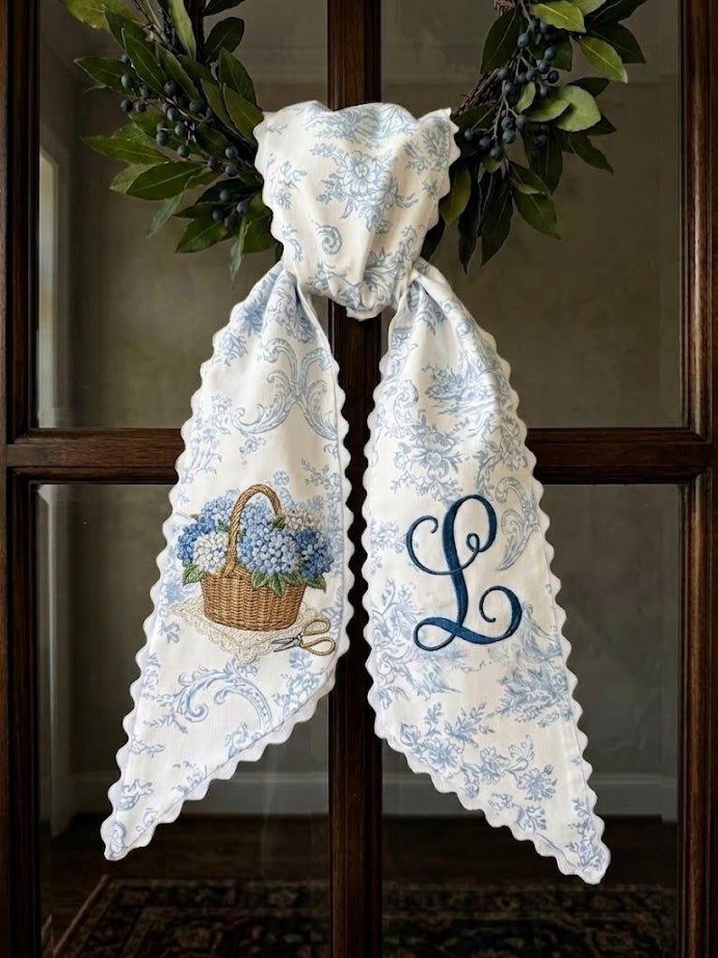 Custom Hydrangea Wreath Bow, Personalized Monogram Sash, Blue Floral Door Decor, Wedding & Housewarming Gift