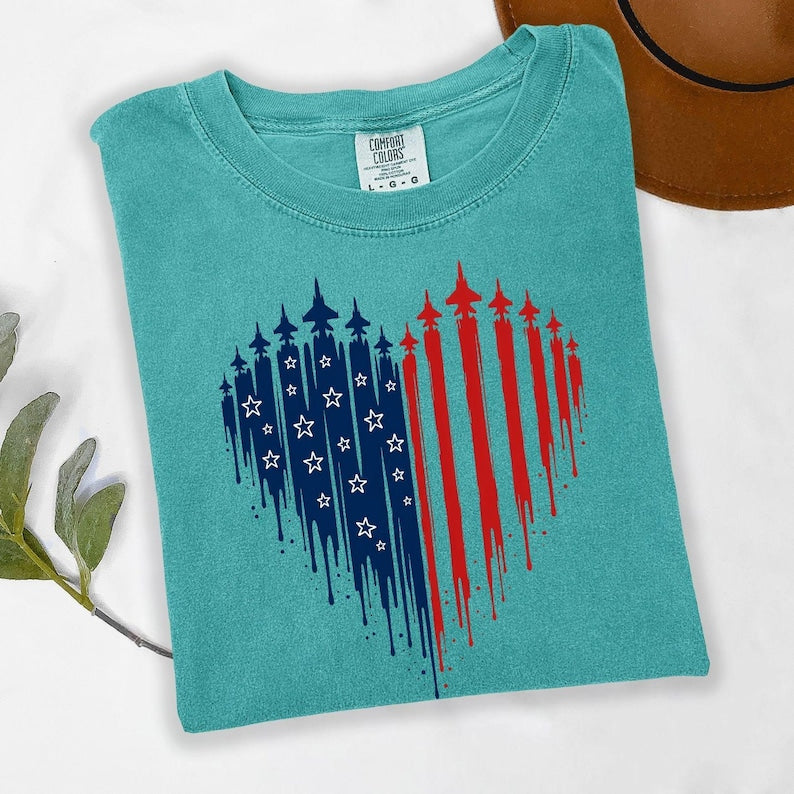 4th Of July Shirt For Women, American Flag Heart Tee, USA Freedom Graphic T Shirt