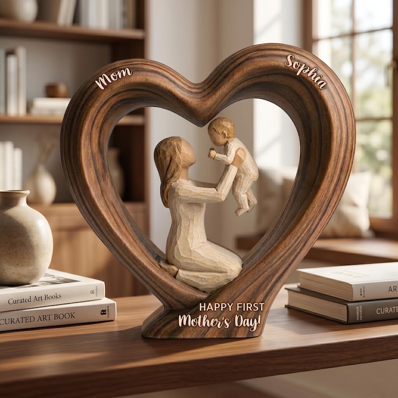 Personalized First Mother's Day Wooden Heart Block 2D flat, New Mom Gift
