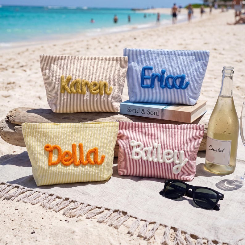 Custom Seersucker Makeup Bag Vacation Travel Pouch Personalized Chenille Name Toiletry Bag Summer Beach Bag