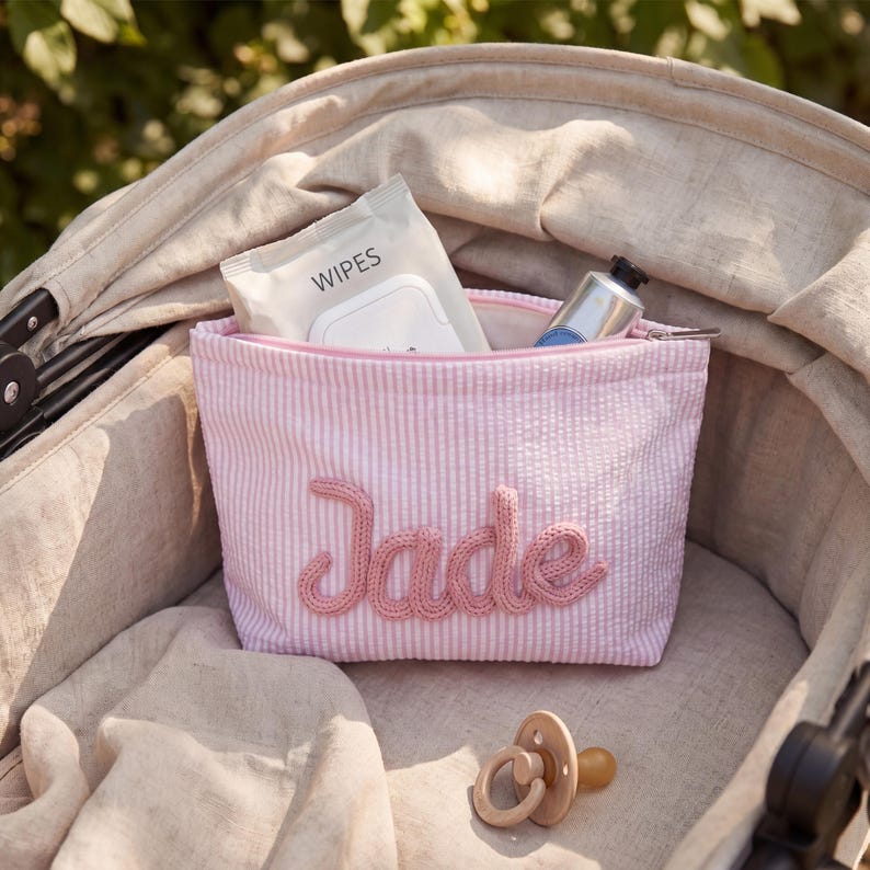 Custom Seersucker Makeup Bag Vacation Travel Pouch Personalized Chenille Name Toiletry Bag Summer Beach Bag