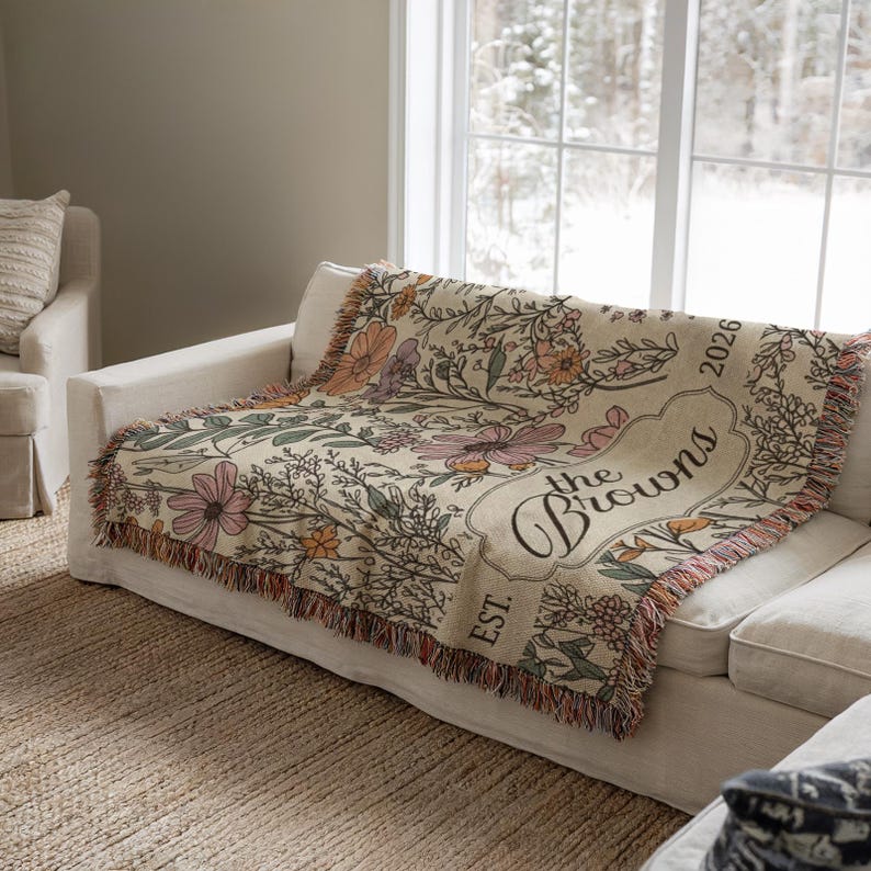 Custom Wedding Woven Blanket, Last Name Floral Throw, Personalized Woven Throw Blanket For Couples