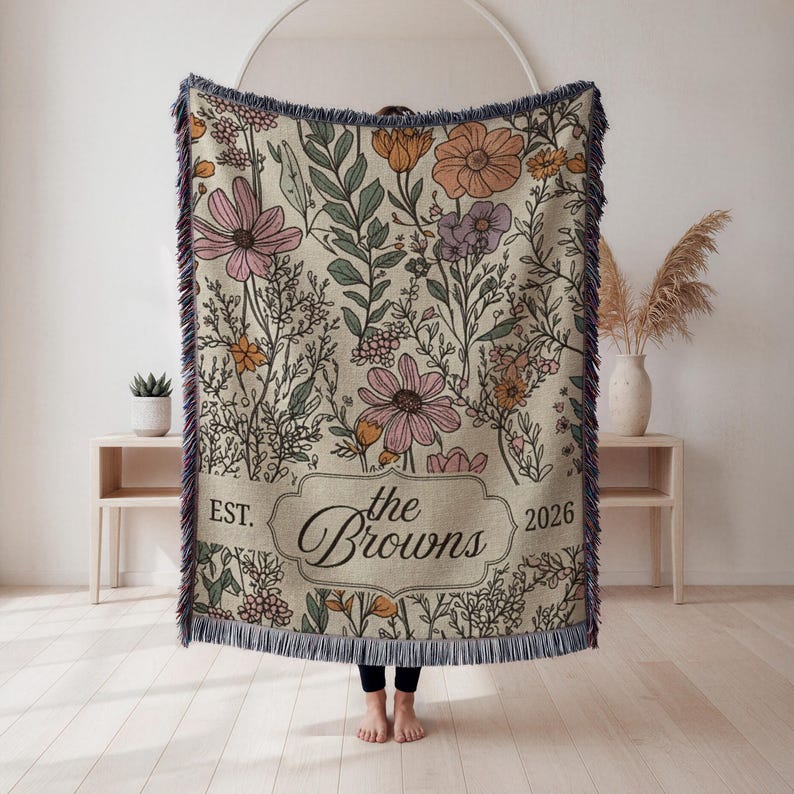 Custom Wedding Woven Blanket, Last Name Floral Throw, Personalized Woven Throw Blanket For Couples