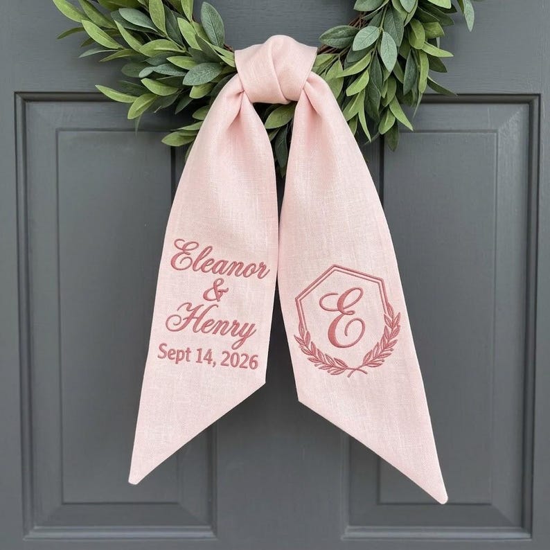 Personalized Embroidered Monogram Wreath Sash for Wedding Decor, Custom Name and Date Aisle Marker Ribbon