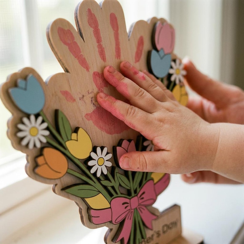 Personalized Mother's Day Handprint Flower Sign, Custom Wood Keepsake