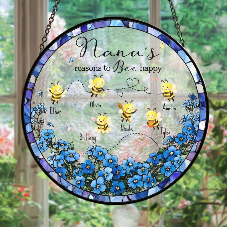 Personalized Grandma's Reason To Bee Happy Stained Glass Suncatcher, Mother's Day Gift