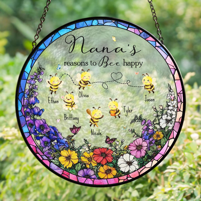 Personalized Grandma's Reason To Bee Happy Stained Glass Suncatcher, Mother's Day Gift