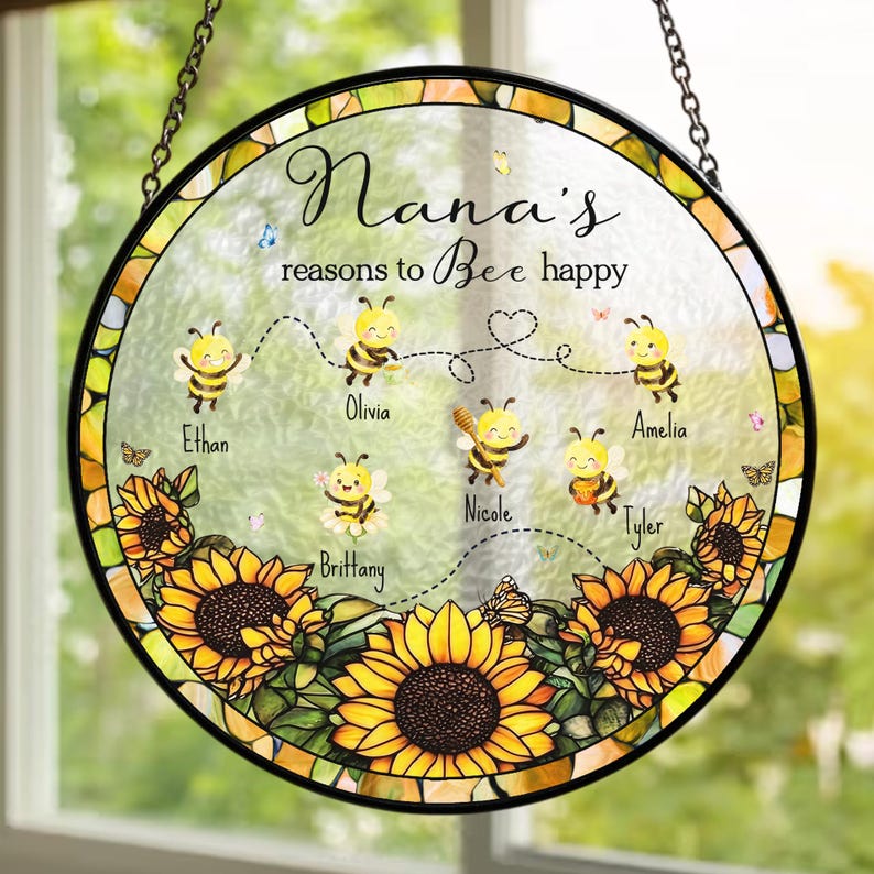 Personalized Grandma's Reason To Bee Happy Stained Glass Suncatcher, Mother's Day Gift