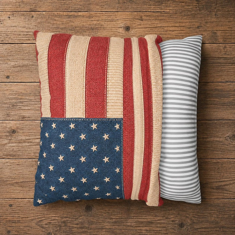 Vintage Americana Decor Patriotic Throw Pillowcase, Farmhouse 4th of July Rustic USA Cushion