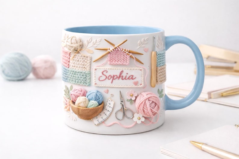 Personalized Ceramic Knitting Mug, Yarn Lover Craft Coffee Cup