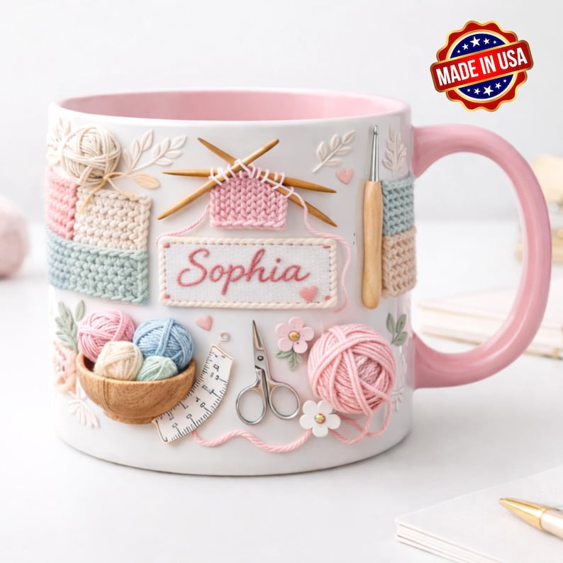 Personalized Ceramic Knitting Mug, Yarn Lover Craft Coffee Cup