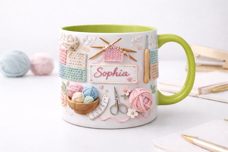Personalized Ceramic Knitting Mug, Yarn Lover Craft Coffee Cup