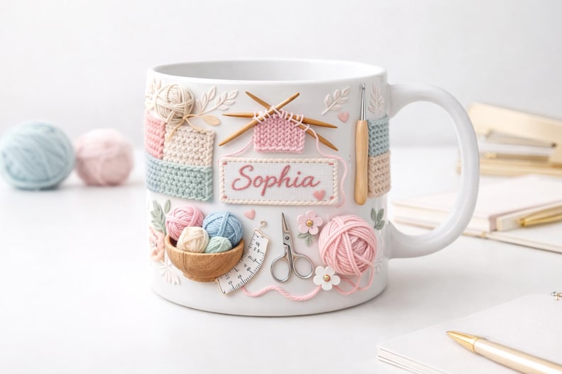 Personalized Ceramic Knitting Mug, Yarn Lover Craft Coffee Cup