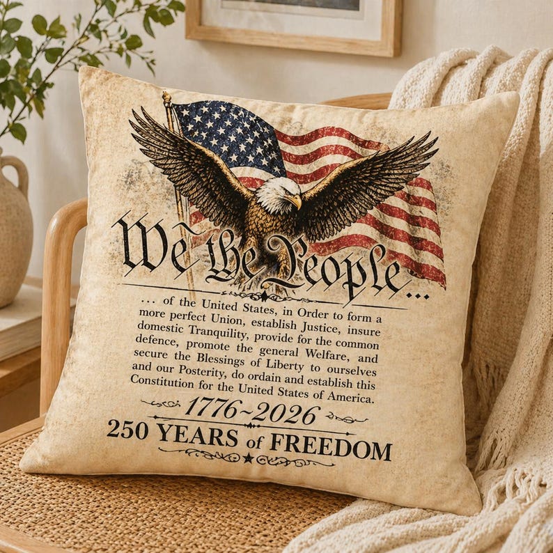 Vintage We The People Throw Pillow, American Flag with Bald Eagle Throw Pillow Cover