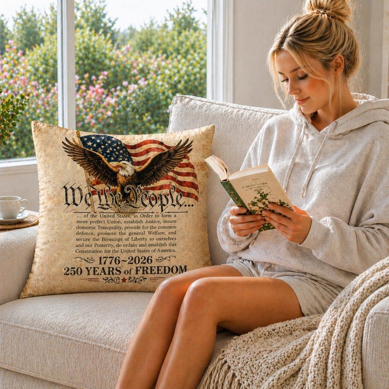 Vintage We The People Throw Pillow, American Flag with Bald Eagle Throw Pillow Cover