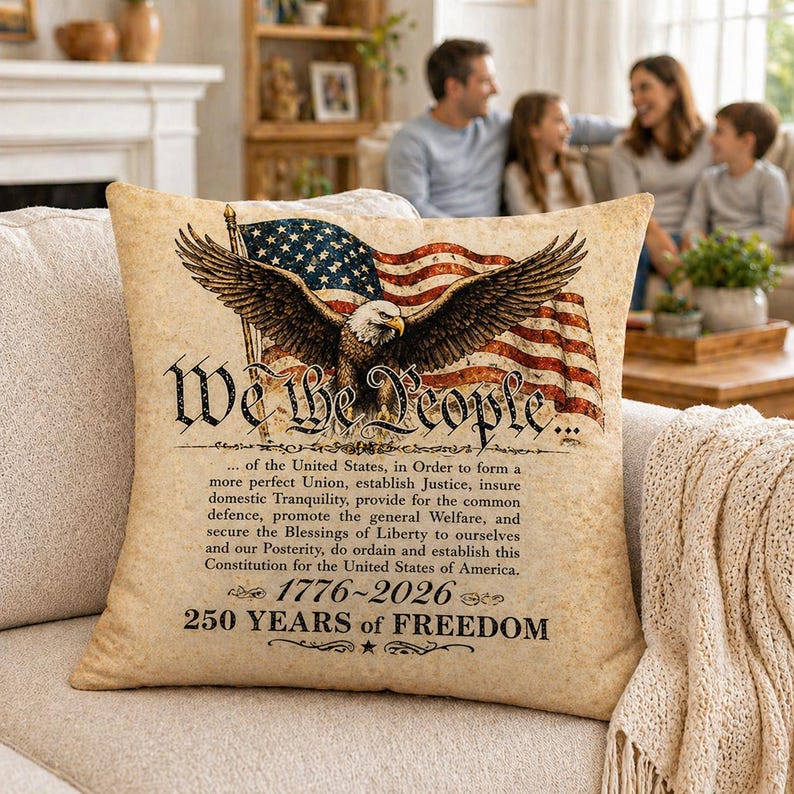 Vintage We The People Throw Pillow, American Flag with Bald Eagle Throw Pillow Cover