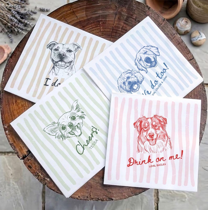 Custom Pet Napkins For Wedding, Personalized Dog And Cat Portrait From Photo, Dog Cocktail Engagement Serviettes