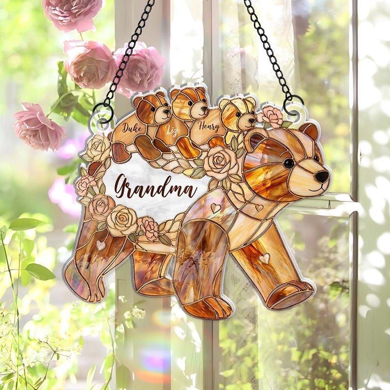 Personalized Grandma Bear Suncatcher, Custom Grandkids Names Gift for Nana