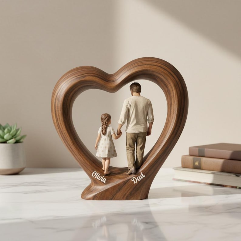 Personalized Dad And Child 2D Flat Wooden Heart Block, Fathers Day Gift