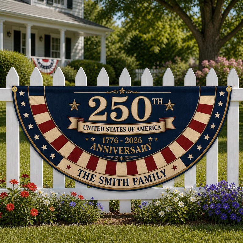 Personalized 250th Anniversary Bunting Flag, Custom Family Name Patriotic Banner 1776-2026