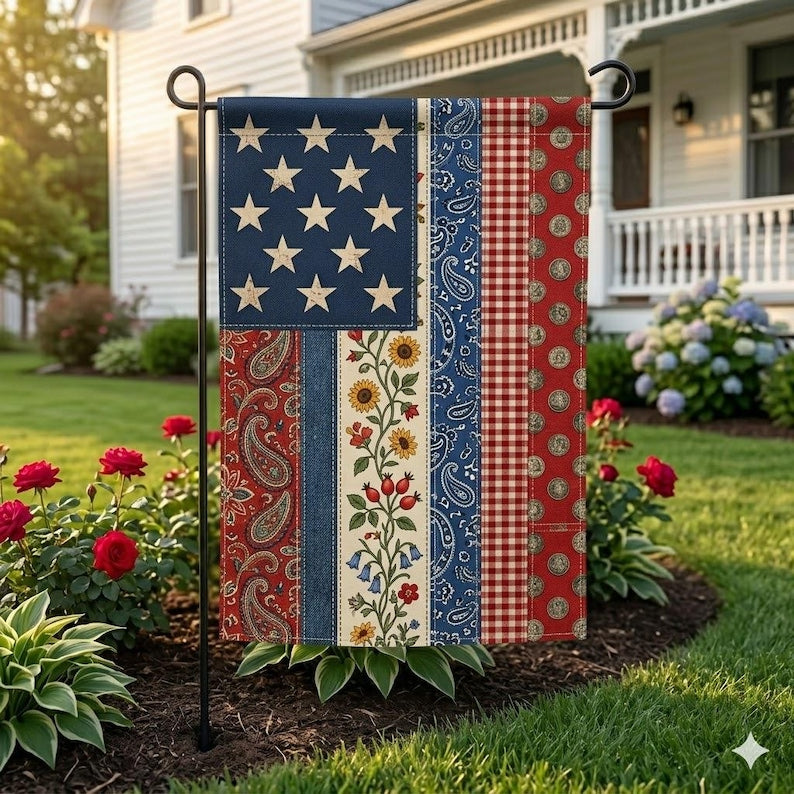 Patriotic Faux Patchwork Garden Flag, Vintage Fourth of July Americana Flag