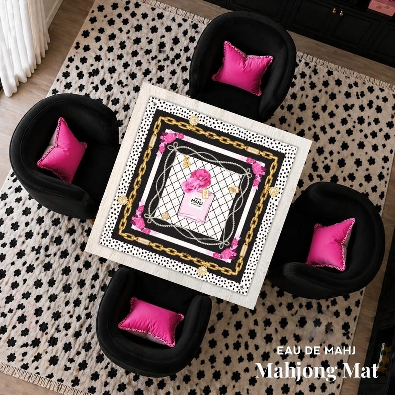 Eau de Mahj Mahjong Mat, Pink Floral B&W Mahjong Mat, Perfume Style Icon, Luxury Fashionista, Blossoms