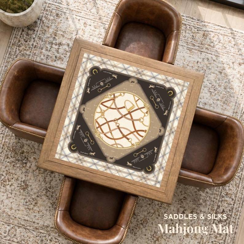 Saddles & Silk Mahjong Mat, Equestrian Mahjong Mat, Horse Bit, Preppy Luxury Scarf Table Mat