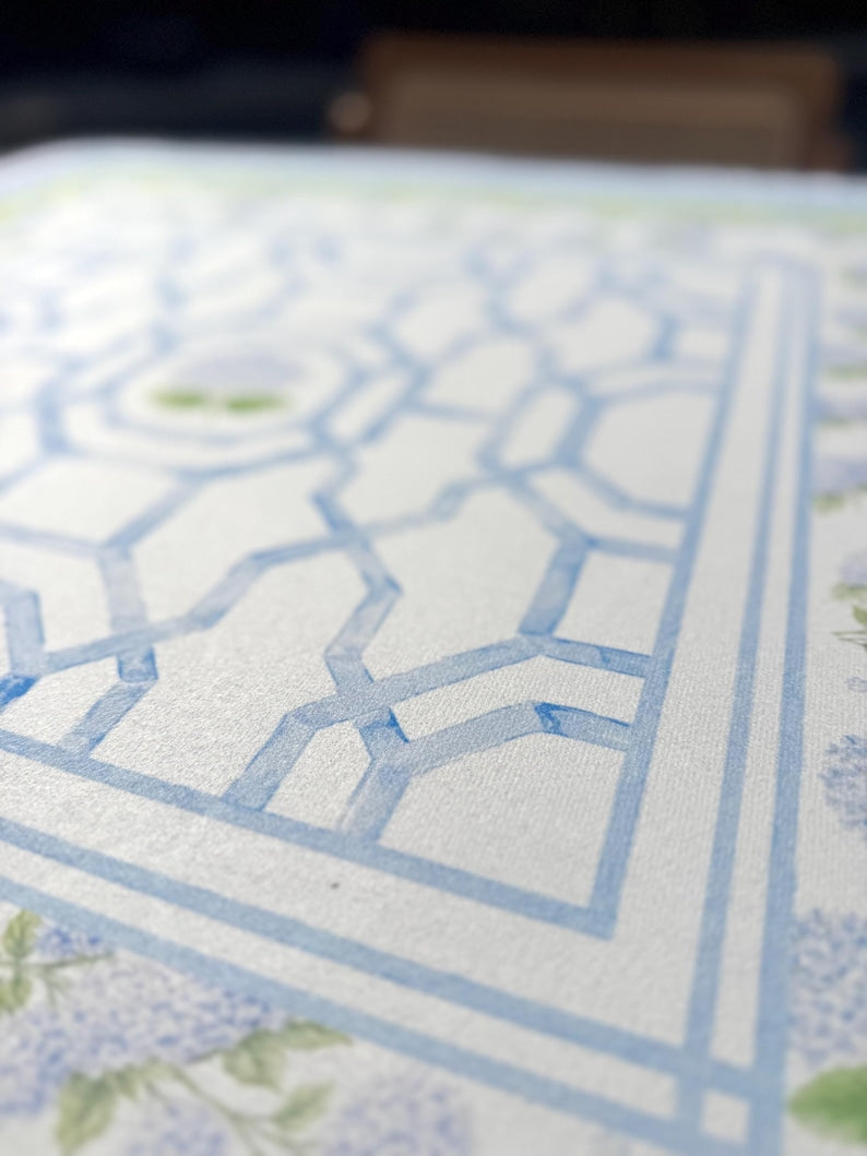 House of Hydrangea Mahjong Mat, Blue & White Mahjong Mat, Coastal Mahjong Table Mat, Grandmillennial Decor
