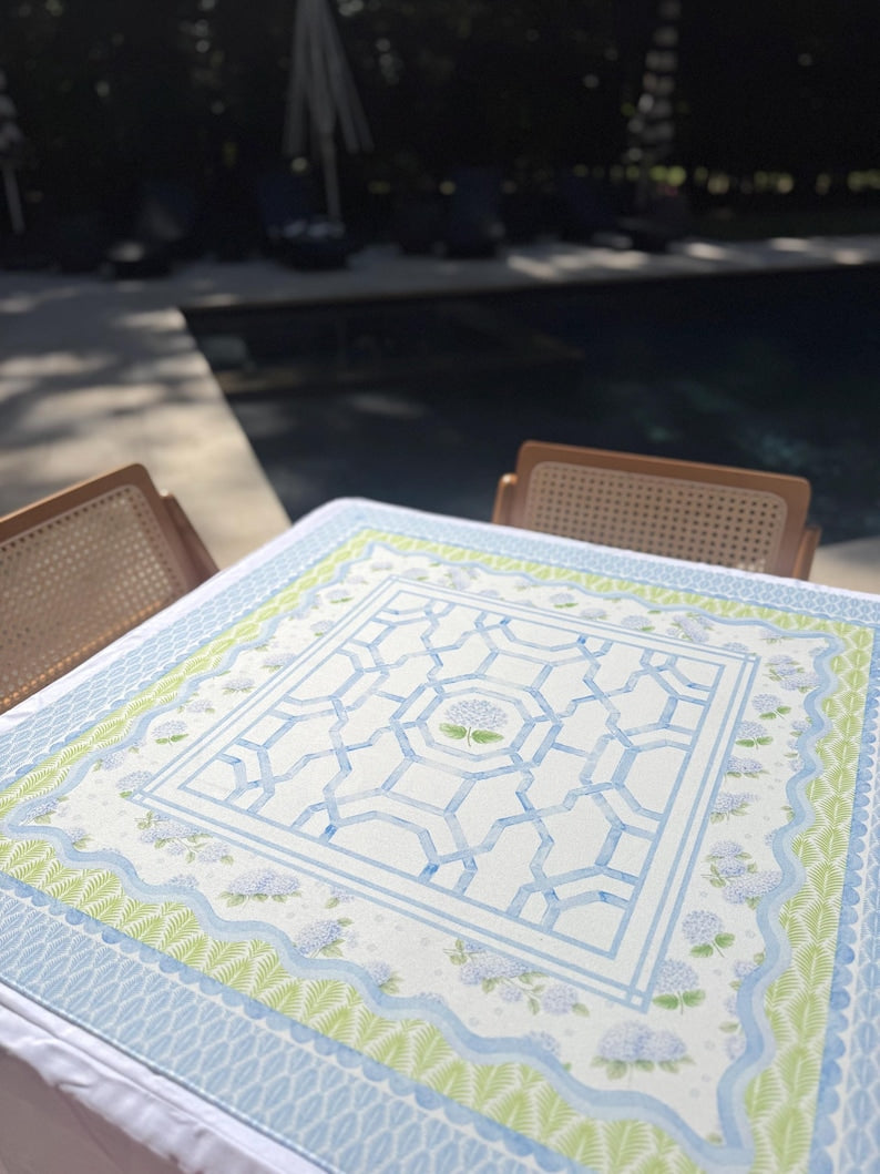 House of Hydrangea Mahjong Mat, Blue & White Mahjong Mat, Coastal Mahjong Table Mat, Grandmillennial Decor