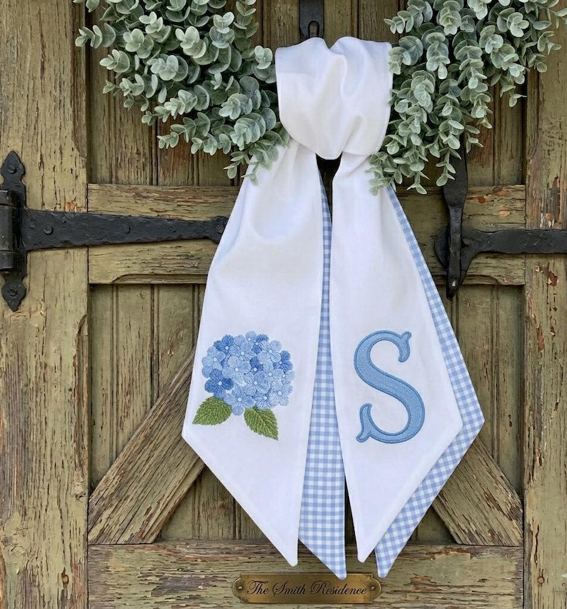Personalized Hydrangea Wreath Sash With Monogram Letter Custom Blue Floral Door Scarf Embroidered Spring Summer Decoration