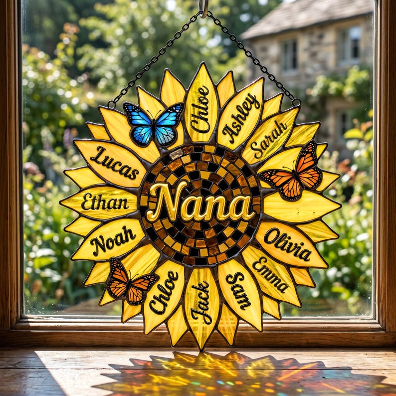 Personalized Sunflower Acrylic Suncatcher, Custom Family Names Faux Butterfly Decor