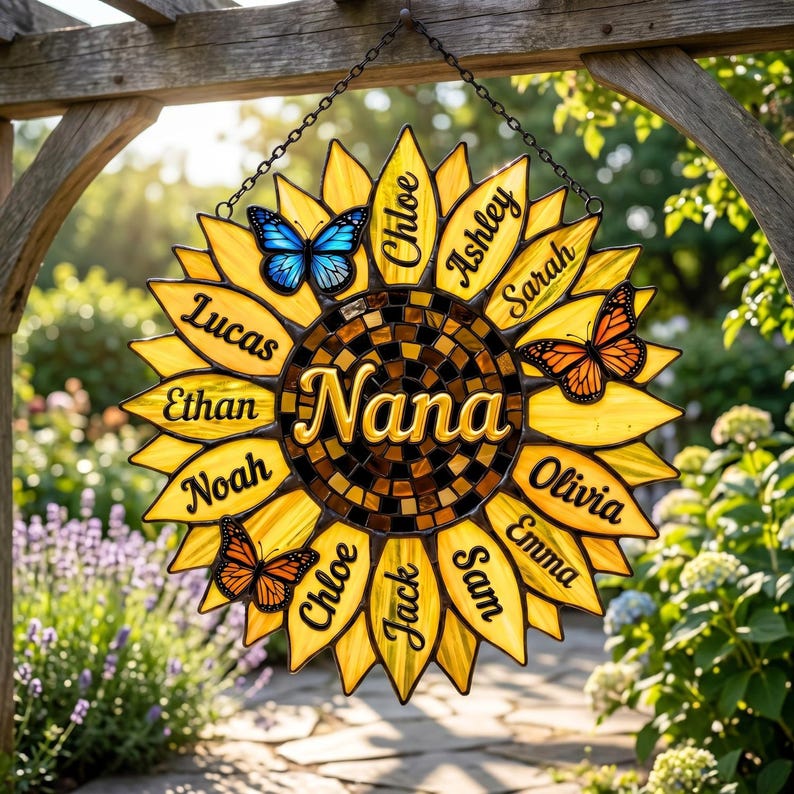 Personalized Sunflower Acrylic Suncatcher, Custom Family Names Faux Butterfly Decor