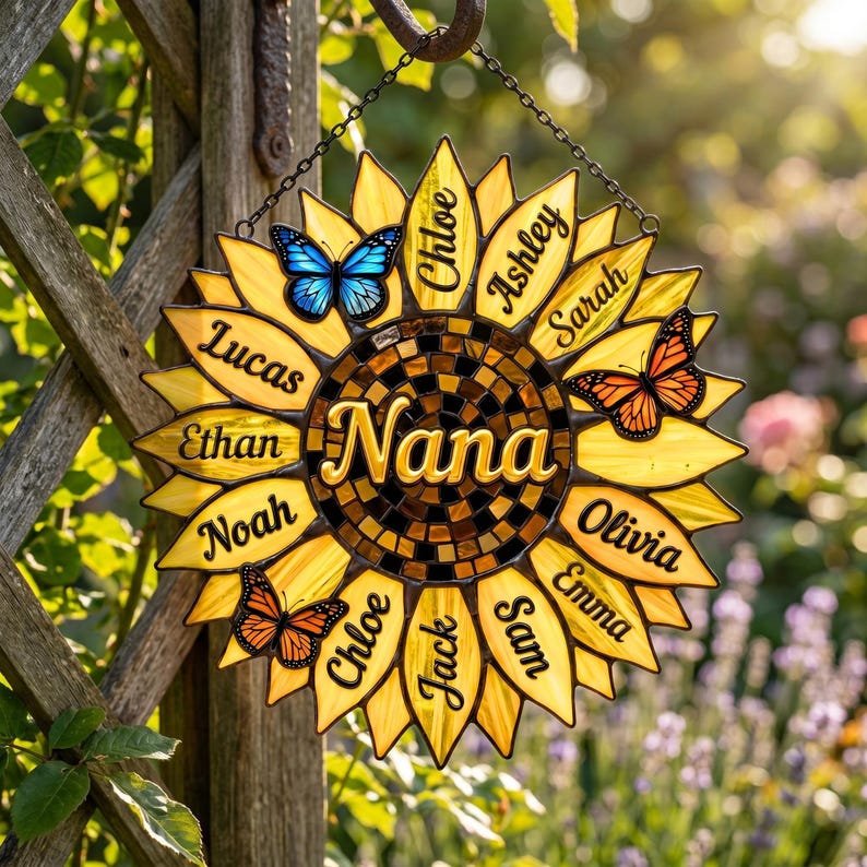 Personalized Sunflower Acrylic Suncatcher, Custom Family Names Faux Butterfly Decor