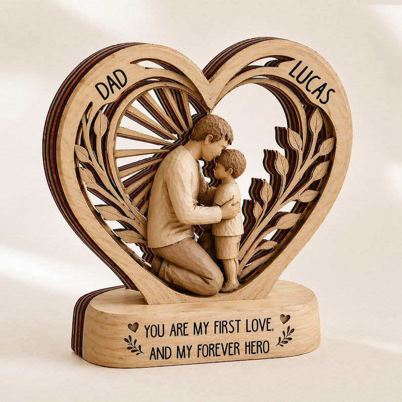 Personalized Dad And Child Wooden Heart Block, Dad And Daughter, Dad And Son Gift