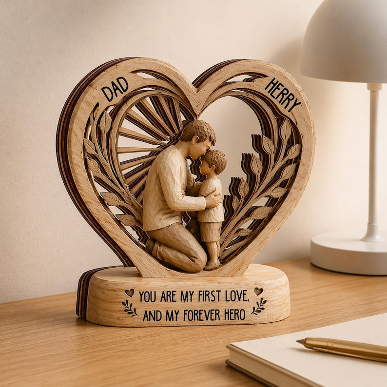 Personalized Dad And Child Wooden Heart Block, Dad And Daughter, Dad And Son Gift