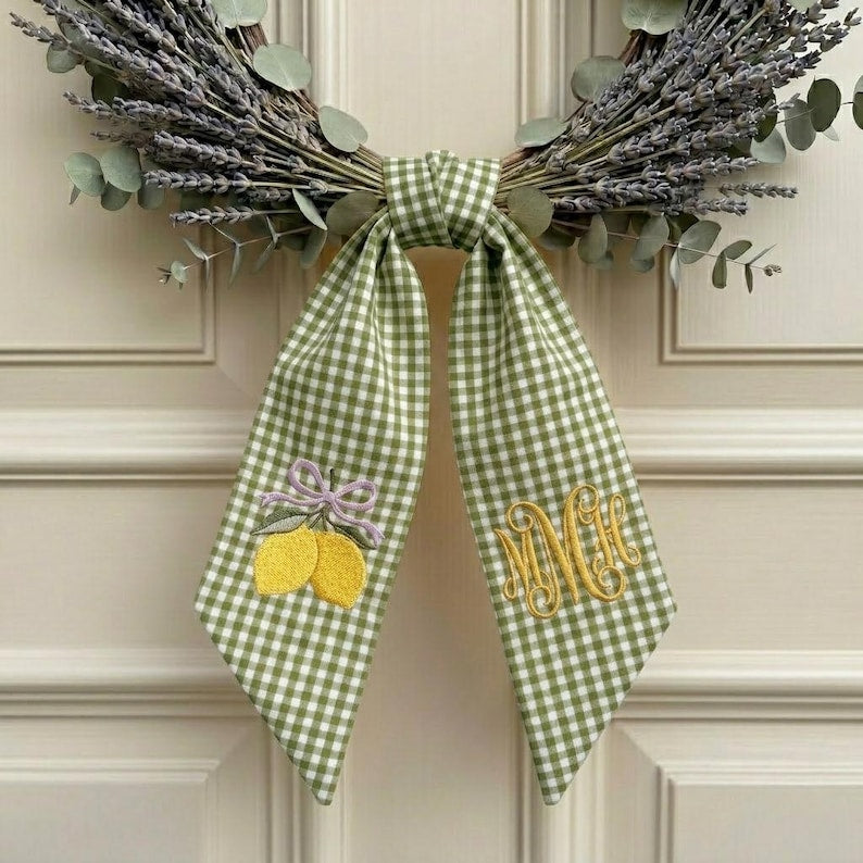 Personalized Lemon Wreath Sash, Embroidered Monogram Gingham Ribbon Front Door Decor, Summer Fruit Gift