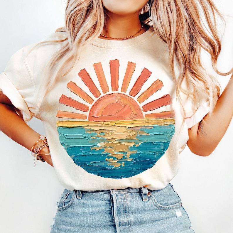 Sunset Beach Shirt, Coastal Ocean Graphic Tee, Retro Summer Vacation Shirt