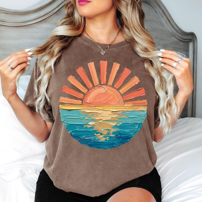 Sunset Beach Shirt, Coastal Ocean Graphic Tee, Retro Summer Vacation Shirt
