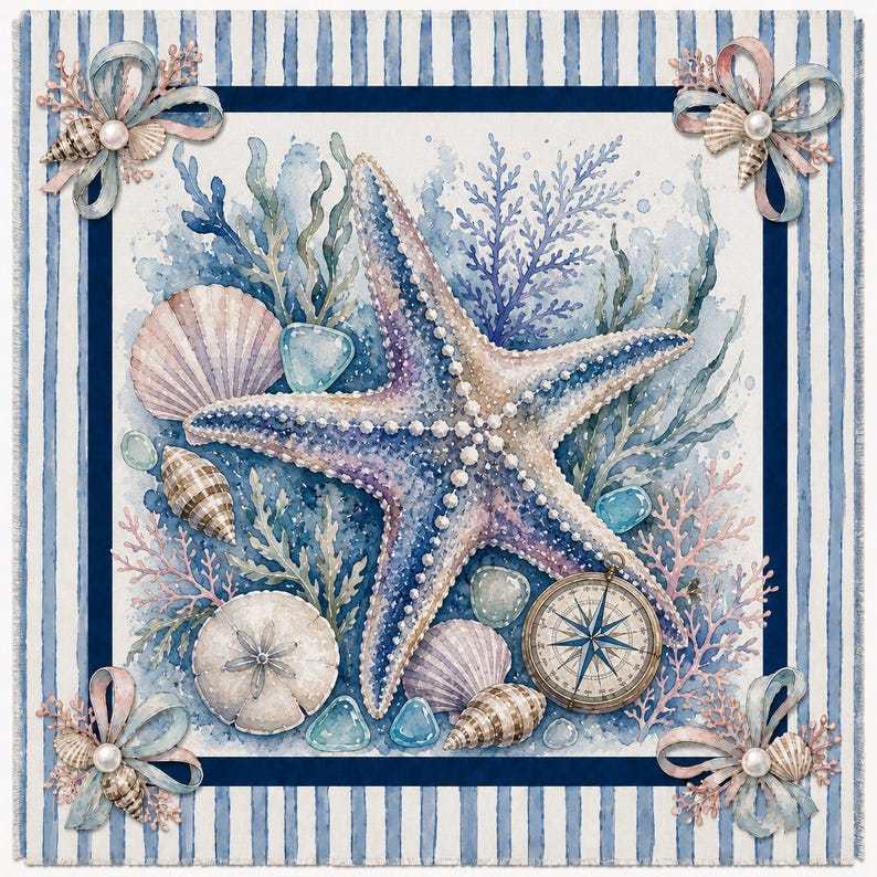 Starfish Seashell Mahjong Mat, Beach Design Game Mat for Ocean Lovers