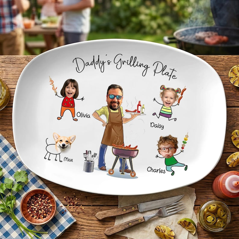 Personalized Grilling Platter with Kids Faces, Custom BBQ Grilling With Daddy Plate