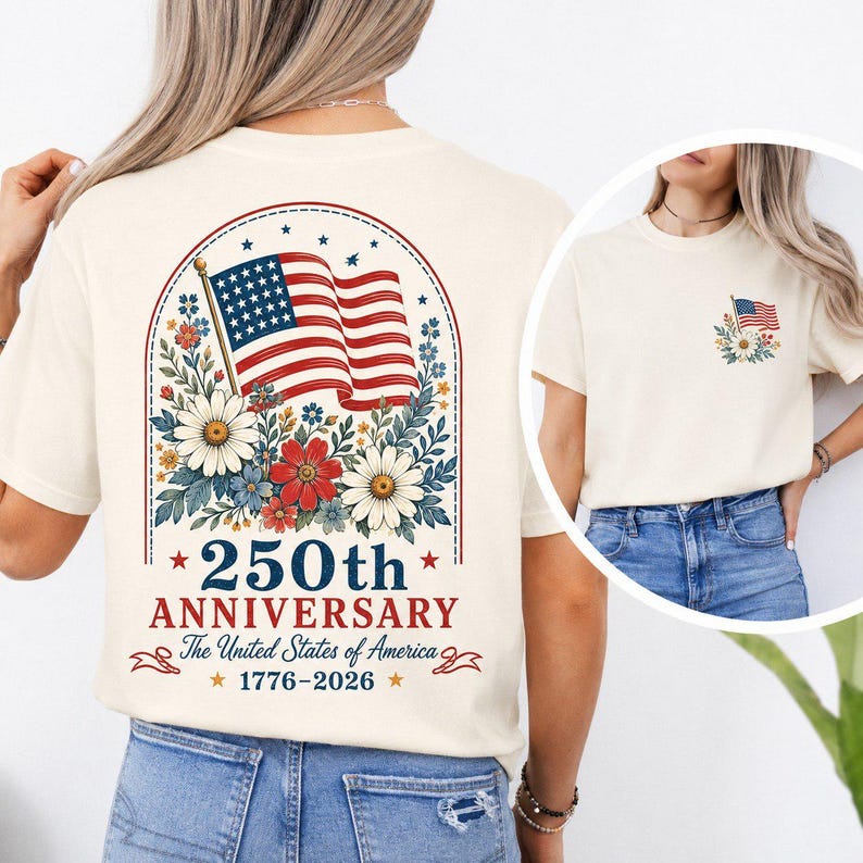 USA 250th Anniversary Shirt, Floral American Tee, Semiquincentennial 4th of July