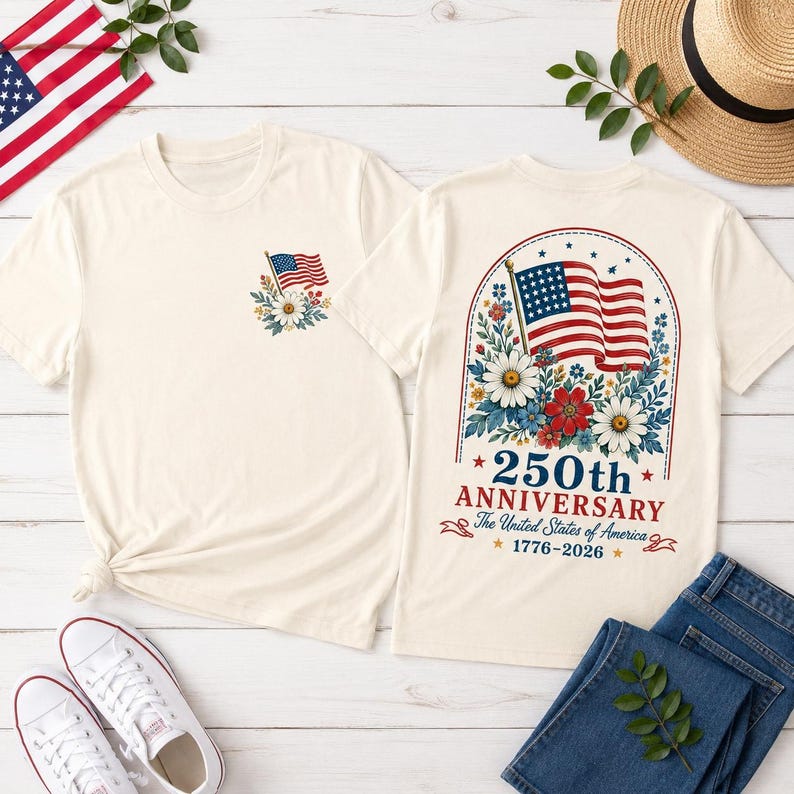 USA 250th Anniversary Shirt, Floral American Tee, Semiquincentennial 4th of July