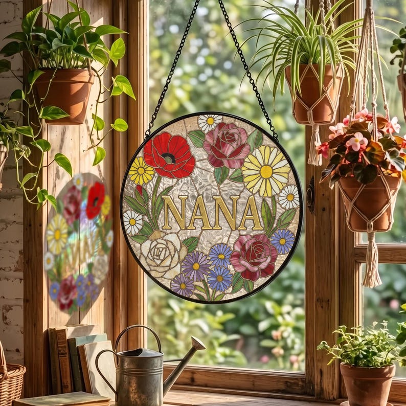 Custom Grandma Nana Mom Floral Stained Glass Suncatcher, Mother's Day Gift