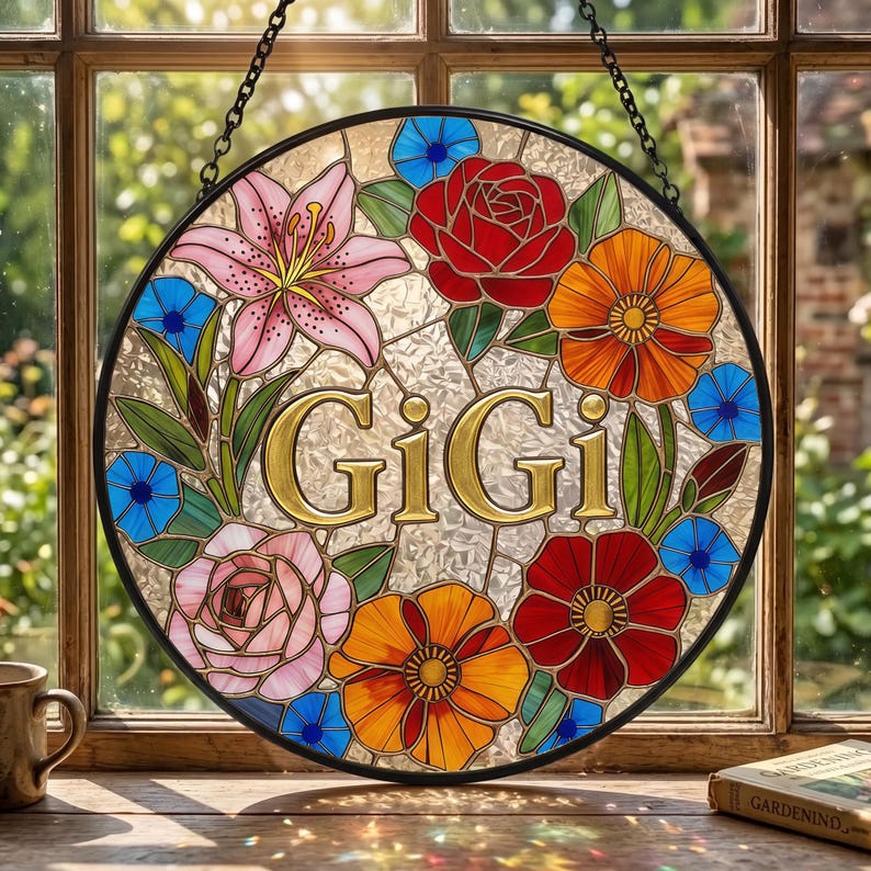 Custom Grandma Nana Mom Floral Stained Glass Suncatcher, Mother's Day Gift
