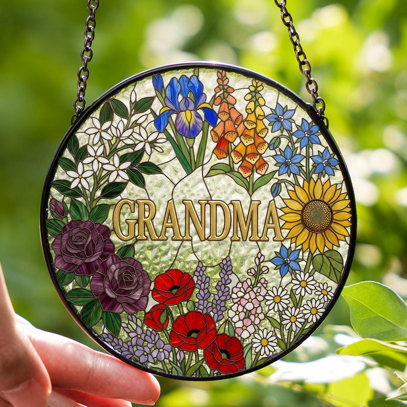 Custom Grandma Nana Mom Floral Stained Glass Suncatcher, Mother's Day Gift