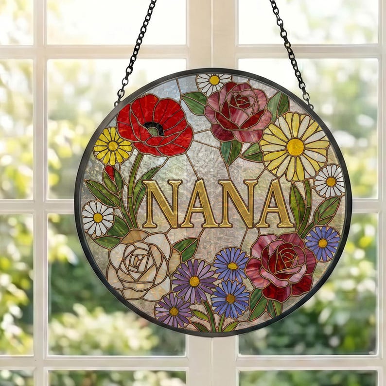 Custom Grandma Nana Mom Floral Stained Glass Suncatcher, Mother's Day Gift