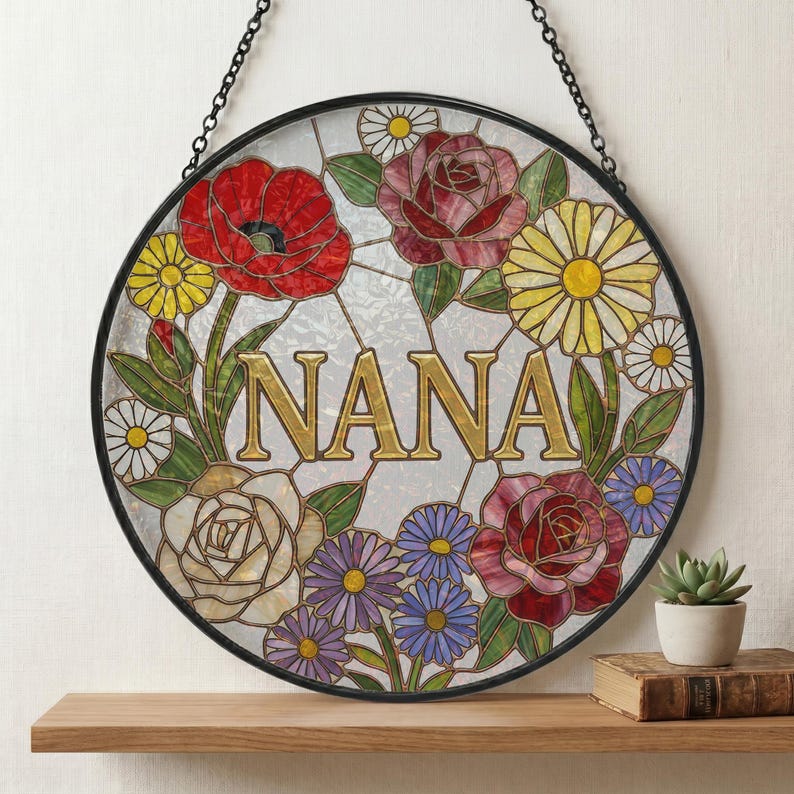 Custom Grandma Nana Mom Floral Stained Glass Suncatcher, Mother's Day Gift
