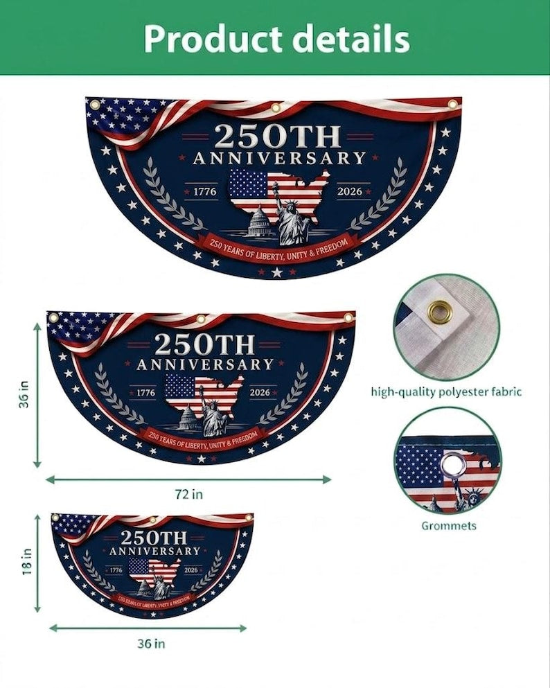 America 250th Anniversary Banner, Patriotic Porch Decor, Semicircle Bunting Flag