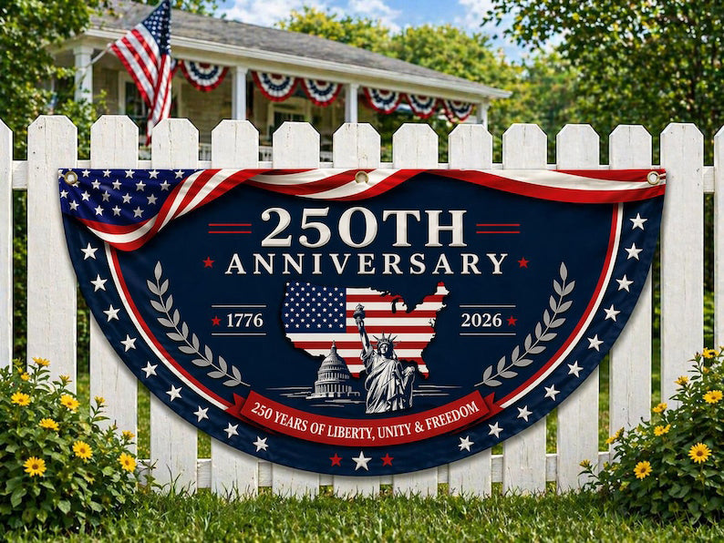 America 250th Anniversary Banner, Patriotic Porch Decor, Semicircle Bunting Flag