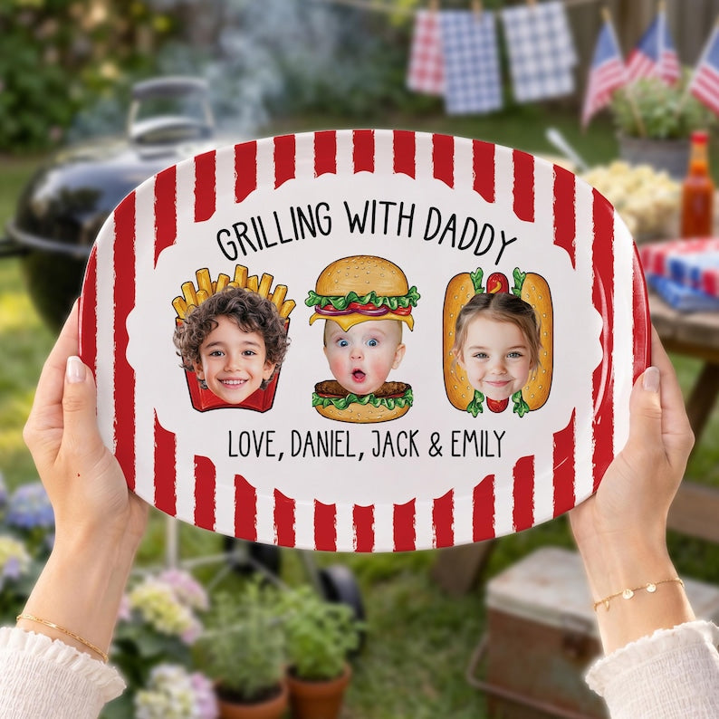 Custom Dad’s Grilling Platter with Kids Faces: Striped Grilling Plate